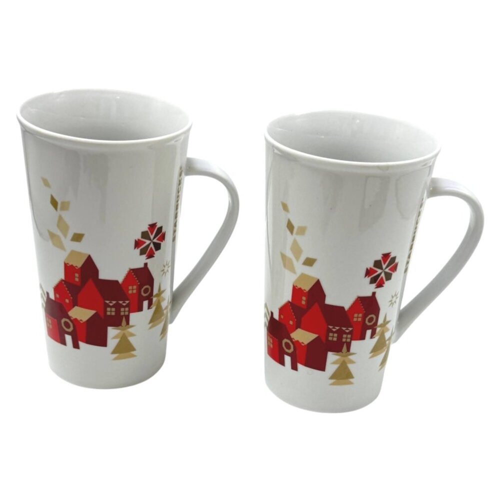 Starbuck Mug Ceramic 18‎ oz Lot 2 Red Village Christmas Gold Trees 2013